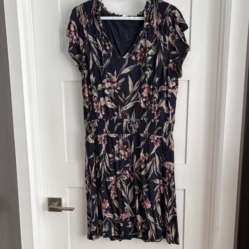 Reitmans Black Floral V-Neck Smocked-Waist Mini Dress with Pink Blooms